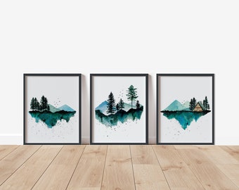 Set of 3 Watercolor landscape wall arts, nature prints, mountain wall arts, Forest print,