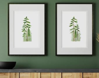 Watercolor Pine Tree Print Set: Foggy Forest Wall Art