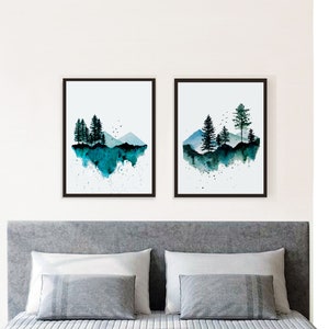 Set of 2 Watercolor landscape prints, mountain wall art, foggy Forest print, pine trees,