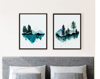 Set of 2 Watercolor landscape prints, mountain wall art, foggy Forest print, pine trees,