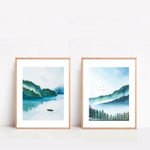 Set of 2 Misty forest Watercolor wall arts, mountain wall art, Canadian landscapes, nature print, Forest print,