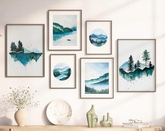 Watercolor Mountain poster set, nature landscape posters, set of 6 wall arts