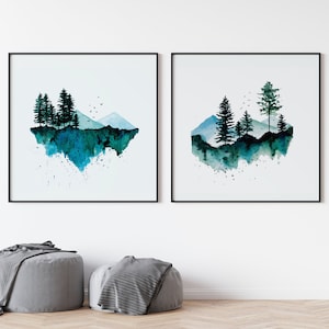 Set van 2 aquarelafdrukken mistige bergen en dennenbos - horizontale landschapsmuurkunst