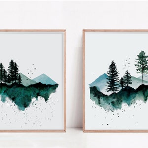 Set of 2 Watercolor landscape prints, mountain wall art, foggy Forest print, pine trees,