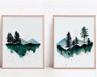 Set of 2 Watercolor landscape prints, mountain wall art, foggy Forest print, pine trees,