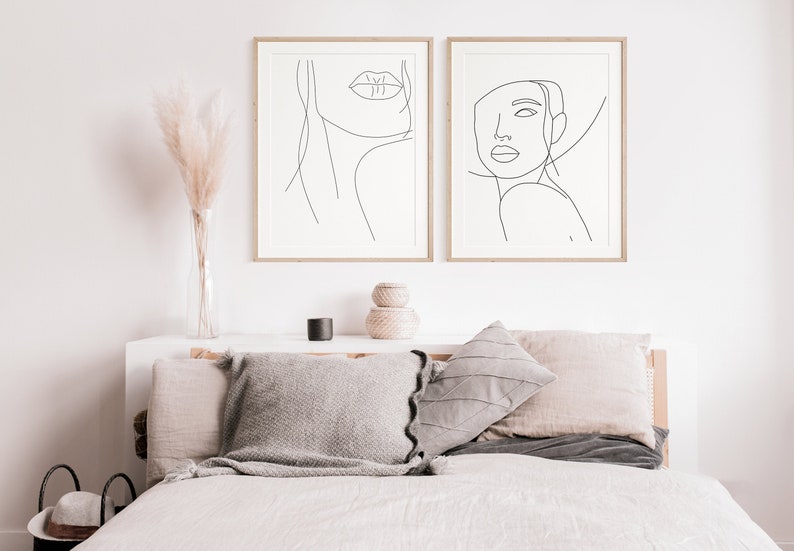 Set of 2 one line drawing wall art woman face art boho wall image 0