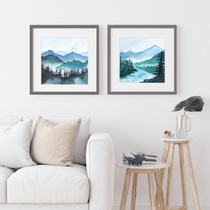 Set of 2 Watercolor Mountain art prints, inspired by Canadian Landscapes, bedroom décor, nursery art