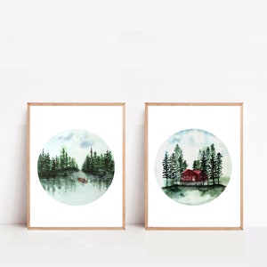 Watercolor Landscape Print Set: Canoe on Lake & Cabin Art