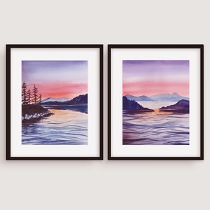 Set of 2 mountain Sunset Prints, purple, pink Sunset watercolor, Abstract Mountain printable wall art