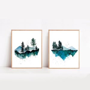 Set van twee aquarel bosprints, pijnbomen, bergkunst aan de muur, Canadese landschappen