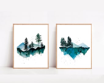 Set of Two Watercolor Forest Prints, Pine Trees, mountain wall art, Canadian Landscapes