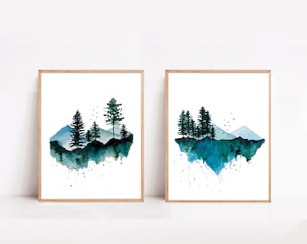 Set of 2 Watercolor landscape prints, mountain wall art, foggy Forest print, pine trees, framed art, Christmas gift