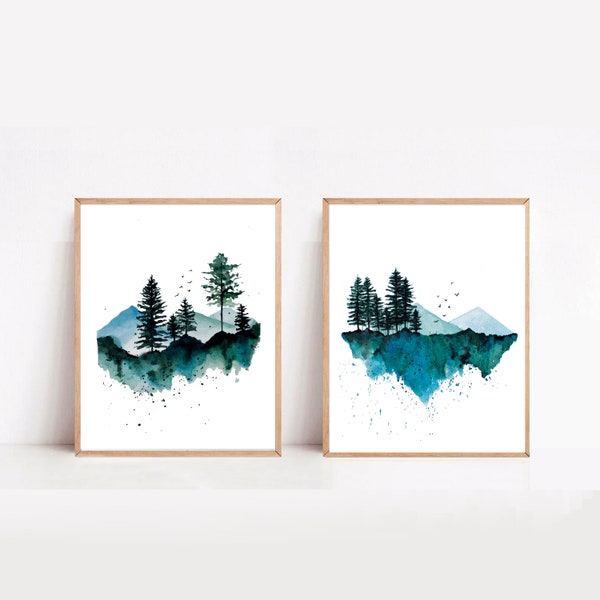 Set of 2 Watercolor landscape prints, mountain wall art, foggy Forest print, pine trees, framed art, Christmas gift