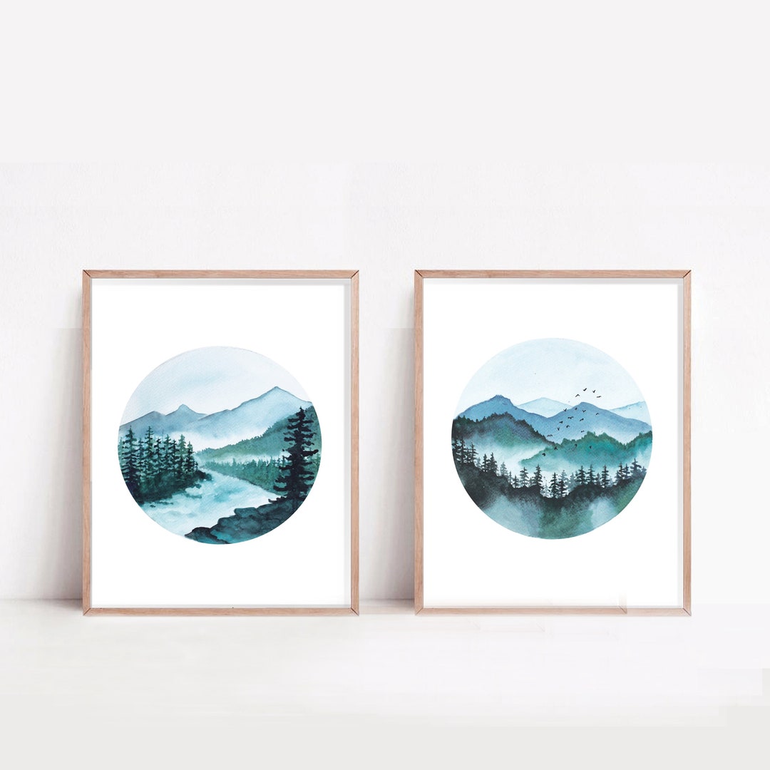 Set of 2 Mountain Lake Watercolor Wall Arts, Canadian Landscape Print ...