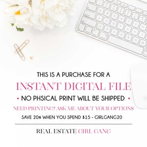 May include: A white keyboard with a white mouse and a bouquet of white and yellow flowers. The text on the image reads: "This is a purchase for an instant digital file. No physical print will be shipped. Need printing? Ask me about your options. Save 20% when you spend $15 - Girlgang20. Real Estate Girl Gang."