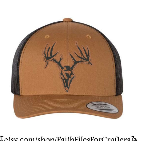 Deer Skull Laser Engraved Hydbond Leatherette Patch Trucker Hat, Big Buck Laser Engraved Leatherette Patch Hat, Whitetail Deer Hat