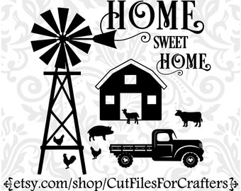 Home Sweet Home Windmill Farm Scene Svg, Farm Animals Svg, Windmill Svg, Farmhouse Windmill Svg, Lets Stay Home Windmill, Farmhouse Windmill