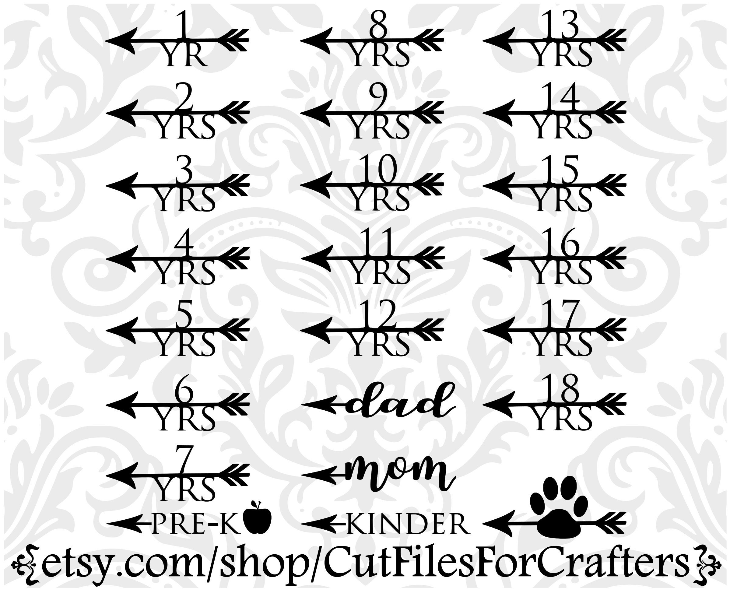 Growth Chart Markers SVG, DIY Growth Chart Markers, Heights Chart Markers  Svg, Left Arrow Year Markers, Mom-dad Arrow Year Markers, DXF, 