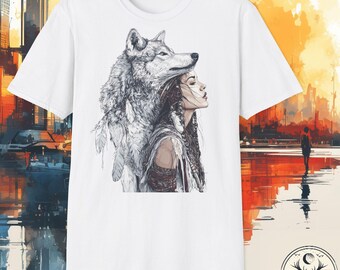 Camiseta gráfica de niña y lobo: Camiseta con estampado bohemio de naturaleza dibujada a mano