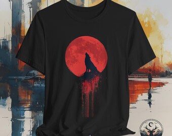 Red Moon Wolf Graphic T-Shirt: Vintage-Style Animal Tee