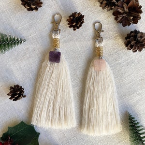 Porte-clés en macramé, porte-clés en pierre de naissance, porte-clés Boho, porte-clés en macramé, bijoux en pierre de naissance, cadeaux en pierre de naissance, améthyste, quartz rose