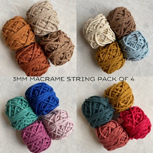 Può includere: Un pacchetto di quattro cordoni di macramè da 3 mm in vari colori, tra cui naturale, marrone, giallo senape, verde acqua, blu, rosa, rosso e verde.