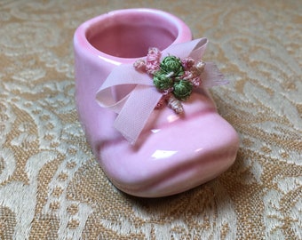 Tiny 2.5” pink ceramic baby bootie. Made in Germany.