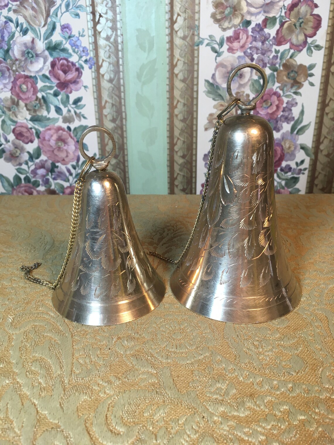 Set of 2 etched brass bells made in India. Etsy