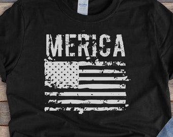 Koszula MERICA Distressed Flag || Koszulki patriotyczne, Koszula amerykańska, Unisex, Krótki rękaw
