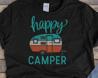 Camisa feliz do campista || Camisas de acampamento || Camisa retro do campista || Unissex || Manga Curta, Item 0000