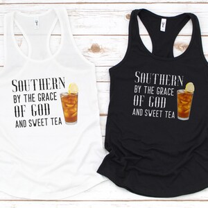 Southern by the grace of god || Sassy Shirt , Sweet Tea, Simply Down South, Women, Slim-fit Racerback Tank, Item 6006