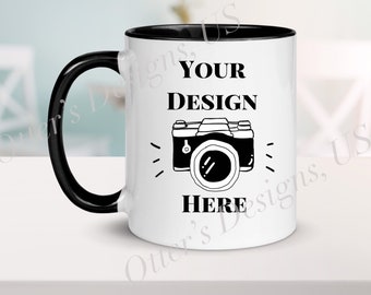 Stylish Two Tone Coffee Mug Mockup, 11 Oz White mug with black handle and rim, Blank Mug Mockup-Digital File