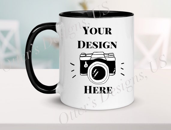 Stylish Two Tone Coffee Mug Mockup, 11 Oz White mug with black handle and rim, Blank Mug Mockup-Digital File