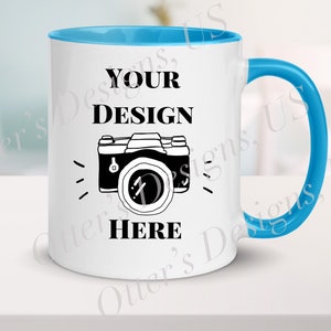 Stylish Coffee Mug Mockup-Right, 11 Oz White mug with blue Handle and rim, Unfocused Background Blank Mug Mockup-Digital File