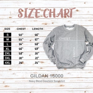 Puede incluir: Tabla de tallas para la sudadera de cuello redondo de mezcla pesada Gildan 18000. La tabla muestra las tallas S a 4XL con las medidas de pecho y longitud correspondientes en pulgadas.