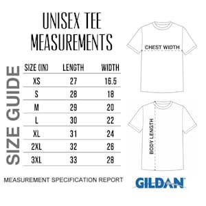 Puede incluir: Tabla de tallas para camiseta unisex con medidas en pulgadas para el ancho del pecho, la longitud del cuerpo y el ancho. La tabla incluye las tallas XS a 3XL.