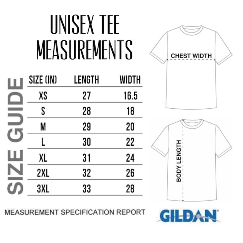 Puede incluir: Tabla de tallas para camiseta unisex con medidas en pulgadas para el ancho del pecho, la longitud del cuerpo y el ancho. La tabla incluye las tallas XS a 3XL.
