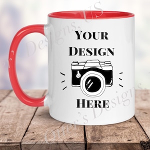 Stylish Two Tone Coffee Mug Mockup, 11 Oz White mug with red handle and rim, Wood Table, Blank Mug Mockup-Digital File