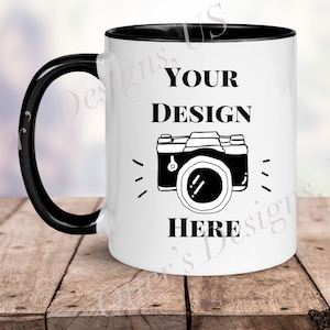 Stylish Coffee Mug Mockup, 11 Oz White mug with black handle and rim, Wood Table Unfocused Background Blank Mug Mockup-Digital File
