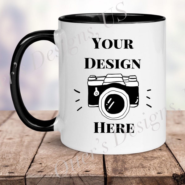 Stylish Coffee Mug Mockup, 11 Oz White mug with black handle and rim, Wood Table Unfocused Background Blank Mug Mockup-Digital File