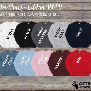 Puede incluir: Carta de colores que muestra 11 colores diferentes de sudaderas con cuello redondo unisex de mezcla pesada Gildan 18000. Los colores son blanco, negro, gris oscuro jaspeado, gris deportivo, azul marino, azul &iacute;ndigo, azul claro, rosa claro, granate y rojo.