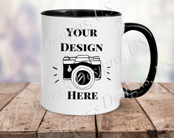 Stylish Coffee Mug Mockup - Right, 11 Oz White mug with black handle and rim, Wood Table Unfocused Background Blank Mug Mockup-Digital File