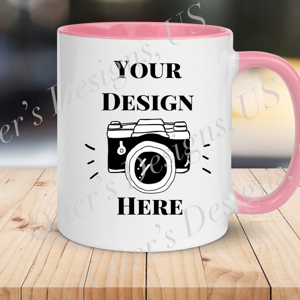 Stylish Two Tone Coffee Mug Mockup - Right, 11 Oz White mug with pink handle and rim, Light wood table, Blank Mockup-Digital