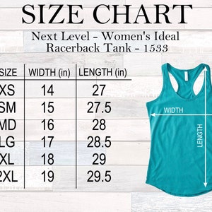 K&ouml;nnte beinhalten: Gr&ouml;&szlig;entabelle f&uuml;r ein Racerback-Tanktop mit Ma&szlig;en in Zoll f&uuml;r Breite und L&auml;nge. Die Gr&ouml;&szlig;en umfassen XS, SM, MD, LG, XL und 2XL.