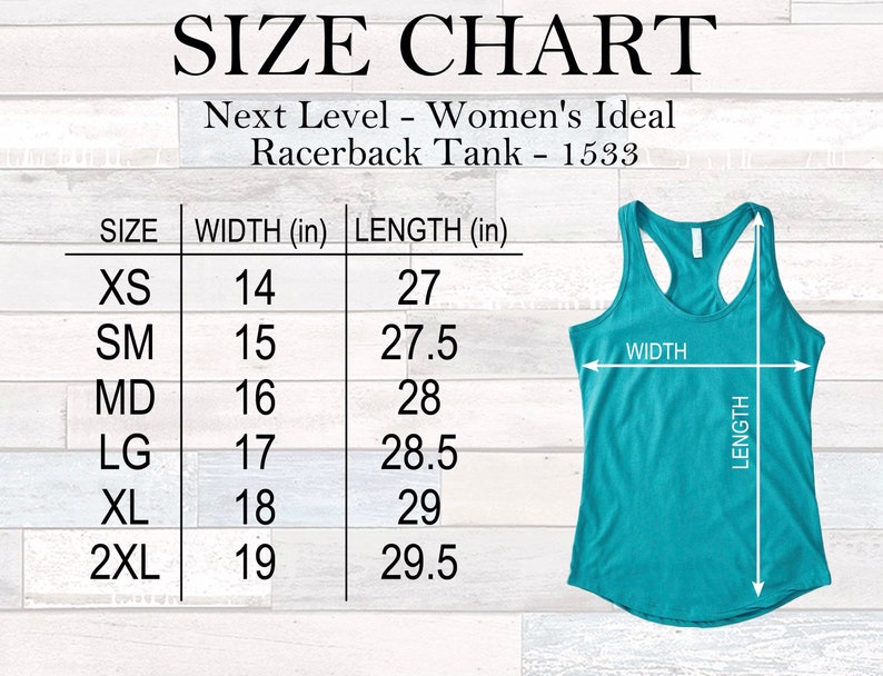 K&ouml;nnte beinhalten: Gr&ouml;&szlig;entabelle f&uuml;r ein Racerback-Tanktop mit Ma&szlig;en in Zoll f&uuml;r Breite und L&auml;nge. Die Gr&ouml;&szlig;en umfassen XS, SM, MD, LG, XL und 2XL.