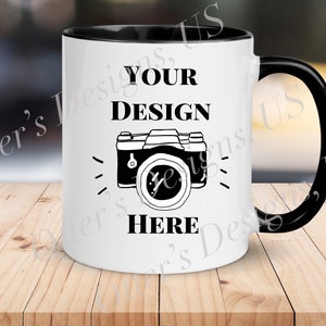 Stylish Two Tone Coffee Mug Mockup - Right, 11 Oz White mug with black handle and rim, Light wood table, Blank Mockup-Digital