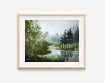 14x11”, ‘Evergreen Crossing No. 2’ Origineel aquarel schilderij, mistige naaldbomen en een kalme beek, natuurlandschap, trekkende vogel, oningelijst