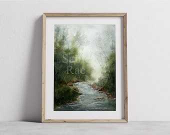 5 x 7", 'Rustiek hout nr. 4' Origineel aquarelschilderij, mistige rotsachtige kreek natuurlandschap, hutkunst, ingelijst