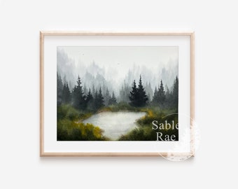 11x14”, “Misty Woodlands No. 9” Original watercolor painting, foggy pine forest, water, birds, unframed