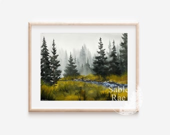 11x14”, “Wooded Wonderland No. 7” Original watercolor and gouache painting, foggy pine forest, small creek, unframed